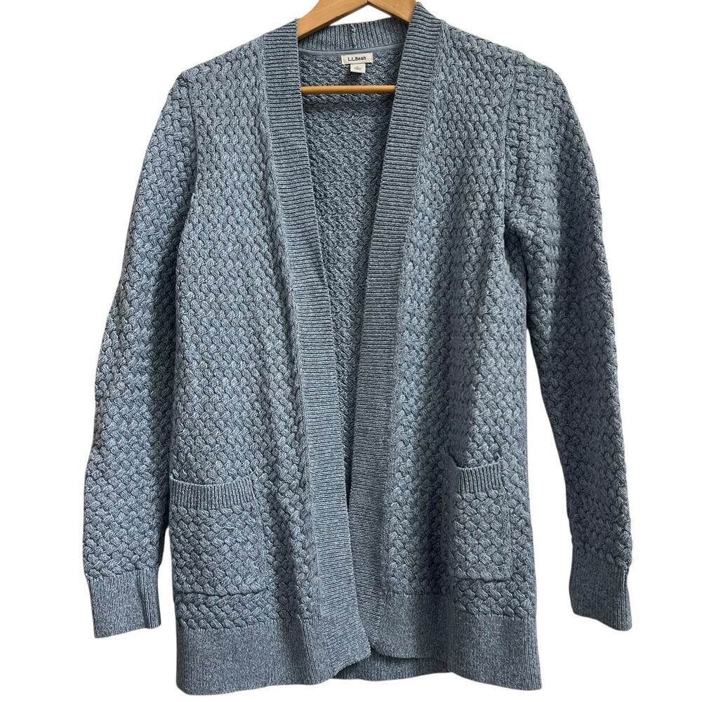 LL Bean Blue Textured Basketweave Open Front Cardigan Size S Sweater